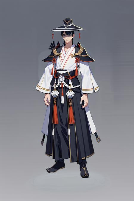 Game Character, East Asian Original Art Character Design, Solo, Hat, Full Body, Standing, Male Focus, Gray Background, Gradient Background, Gradient, 1boy, Japanese Costume, Long Sleeves, Korean Clothing, Simple Background, Cloth <lora:CG Game charactersV2:1>