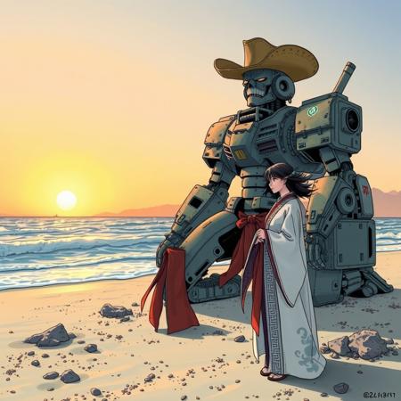 A giant robot cowboy kneels on a beach, barnacle-covered robot. robot wears cowboy hat. A beautiful woman in traditional priestess robes stands in the foreground, thoughtful. seascape in background. sunset sky. In the style of manga cover.
