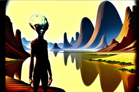 skinny_bob, alien in a majestic landscape painting by artist shawnmalloyrocks, everything is made of chinese food, lo mein sand, broccoli grass, soy sauce rivers, fried rice gravel, Fortune cookie trees, takeout box buildings in the distance, classic, highly detailed, masterpiece, 4k, hd, soft lighting, soft colors, ambient occlusion, H. R. Giger, Todd Schorr, Hieronymus Bosch