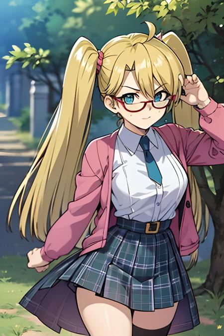 (masterpiece, best quality, ultra-detailed), 1girl, Rebecca Hopkins, blonde hair, twintails, glasses,looking at viewer, standing