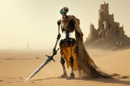A skeletal robot stands alone in a vast desert, its sun-bleached, rusted metal frame exposed beneath a tattered beige cloak fluttering in the scorching wind. In its hand, it grips a worn, chipped sword, the blade lowered but ready—scarred from countless battles. Its azure, shiny eyes and expressionless metallic face suggest endurance and silence. Pistons and servos twitch subtly as sand and dust whip around its feet. In the hazy distance, the silhouette of a crumbling Kenshi desert city looms. Digital painting, highly detailed, cinematic lighting, evoking a post-apocalyptic and solitary mood. Kenshi, kenshi vibes,
