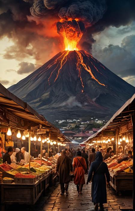 lovecraftian horror  A bustling marketplace filled with vibrant stalls selling exotic wares, set against the ominous backdrop of an active volcano, The aroma of spices mingles with the acrid scent of sulfur, as merchants haggle and customers browse, unaware of the impending fiery eruption that threatens their livelihoods, . eldritch, cosmic horror, unknown, mysterious, surreal, highly detailed