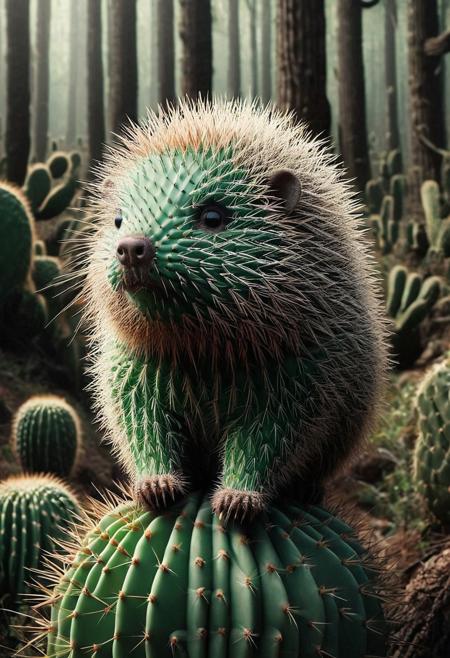 Product photo, a cactus porcupine, in a forest, funny, detailed, polaroid video, detailed