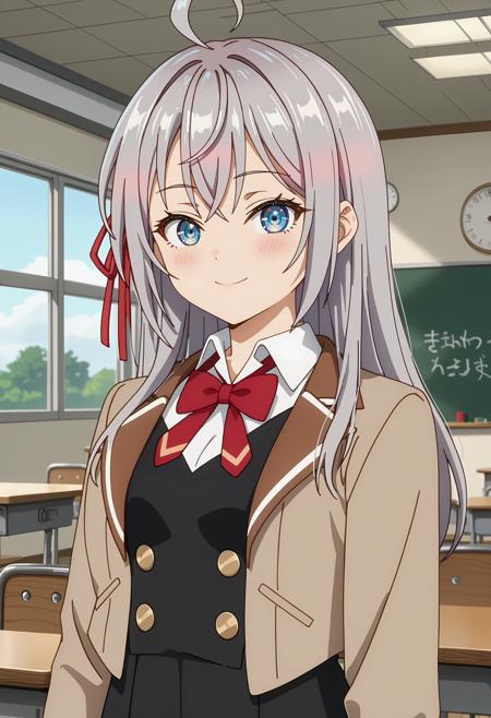 long hair, grey hair, ahoge, crossed bangs, blue eyes, hair ribbon, red ribbon AlyaSchool, cropped jacket, open jacket, brown jacket, red bowtie, white shirt, black vest, buttons, long sleeves, pleated skirt, black skirt, (white thighhighs:1.2) AlyaCasual, cropped jacket, yellow jacket, turtleneck, white sweater, pendant, sleeves rolled up, high-waist skirt, waist bow, green bow, green skirt bow bra, white bra, bow panties, white panties, medium breasts