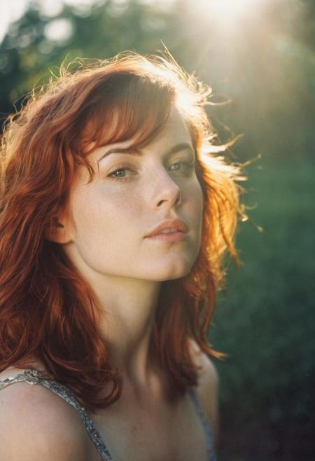 vintage film photograph, analog photography, artistic photography, 28 year old woman with auburn hair kinky, morning sun, lens flair, high detail sharp focus, film grain