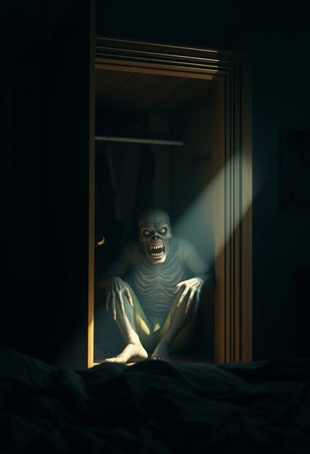 The light of a flashlight shines into a closet on the left side in a dark  bedroom, a disgusting horror monster is sitting in the closet, high detailed, high resolution, photorealistic