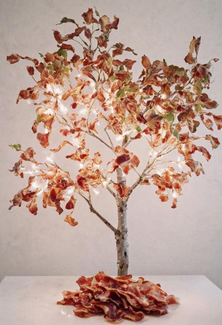 Product photography, the 1990s, bacon, a tree with bacon leaves, beautiful, in a white room, beautiful bacon blossom tree, white lighting, film grain, DSLR