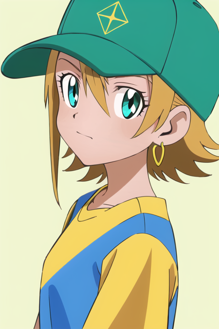 digimon, masterpiece, best quality, 1girl, aqua eyes, baseball cap, blonde hair, closed mouth, earrings, green background, hat, hoop earrings, jewelry, looking at viewer, shirt, short hair, simple background, solo, upper body, yellow shirt <lora:digimon_offset:1>