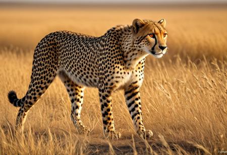 Design a stunning, 
hyper-realistic scene of a cheetah in its natural habitat. Capture the sleek, 
powerful form of the cheetah as it runs through the wild, 
its muscles rippling beneath its spotted coat. The setting should evoke the vast, 
untamed beauty of the savanna, 
with tall grasses swaying in the wind and a distant horizon under a sunlit sky. The cheetah should be the focal point, 
exuding both grace and intensity, 
ready to spring into action. The overall atmosphere should convey the raw, 
untamed energy of the wild, 
highlighting the cheetah's speed and elegance in its natural environment.