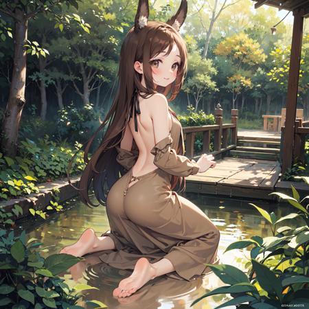 8k,4k,ultrares,highres,(masterpiece, top quality, best quality),extreme detailed,colorful,highest detailed,ultra-detailed,(highly detailed CG illustration),(Gorgeous background),ultra-fine painting,Vivid Colors,
forest,bridge,river,deer ears,deer,tree,dappled sunlight, falling leaves, floating hair, outdoors, market stall, wooden bucket, 
from back,(1girl),(solo),full body,looking at viewer,emphasis lines,sexually suggestive,
brown hair,very long hair,empty eyes,flat chest,covered ears,shiny skin,swept bangs,wet hair,brown eyes,forehead,body blush,
anklet,barefoot,((brown dress,very long dress,long sleeves,backless dress,butt crack)),kneeling,from back,soles,tender smile,