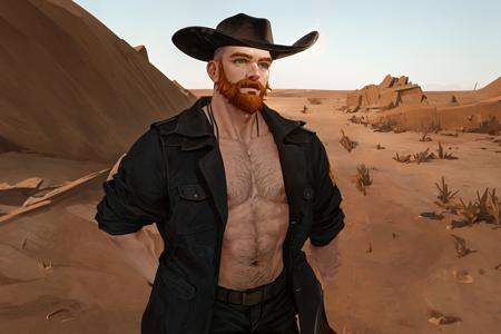 1boy, solo, handsome man, ginger beard, cowboy hat,  illustration, drawing, professional, defined shadows, accurate figure, easthetically pleasing, correct hands, post apocalyptic, desert wasteland background, best quality, portrait, (masterpiece, top quality, best quality), trending on artstation, artstation,  <lora:cragsand:0.70>, looking at you, portrait, green eyes, fighting pose, firsts raised, shirtless, flex