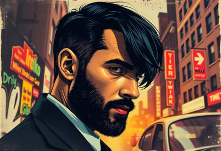 Rendered in bold, expressive pop-art style with halftone textures, this extreme photorealistic full body captures a print of the profile of a gangster. His exquisite face is delicately crafted—porcelain-smooth. His natural black hair cascades in a sharply cut bob. beard,graffiti background. many colors, old poster. old car. old city. 1954 stile. peeky blinder, oldtimer, new york