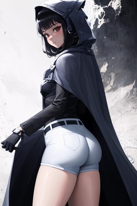 masterpiece, best quality, 1girl, solo, <lora:d-nikke-richy-v1:1> dnikke, cloak, hood up, ass, shorts, black shirt, gloves, long sleeves