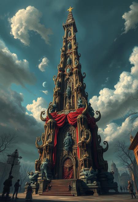 Stood a towering structure, cold and precise
,surreal street art, theatrical composition, bold colors, dreamlike realism, intricate detailing, whimsical yet eerie atmosphere, symbolic storytelling, vibrant contrasts, expressive characters, ornate decoration, fantastical elements, psychological depth, baroque influences, grotesque surrealism, dynamic movement