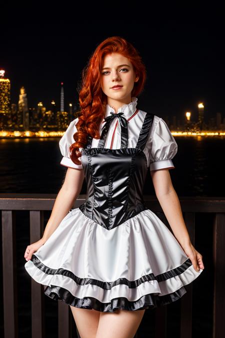 maid costume ,  floating city , night <lora:Rose_Leslie:1> masterpiece, best quality, detailed face, a mature r1873l, 1girl, solo, red hair,