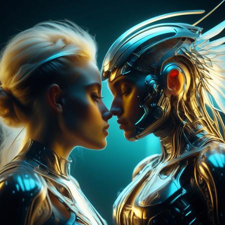beautiful biomechanical man kissing a beautiful female angel, magical, sci-fi, beautiful, unimaginable, 
very dramatic, naturalistic, photorealistic, highly detailed digital art, science vs fantasy, 
accurate intricate and realistic anatomy, 
soft lighting, Cinematic, Color Grading, Editorial Photography, volumetric lighting, atmospheric, Photography, 
Photoshoot, insanely detailed and intricate, hypermaximalist, elegant, hyper realistic, volumetric lighting, 
ray tracing, unreal engine, 3d, octane render, cinematic HD, 32k, 3D Megapixel, Pro Photo RGB, VR, Half Backlight, Backlight, Natural Light, Incandescent, Moody Lighting, 
Cinematic Lighting, Soft Lighting, Surround, Beautiful Lighting, Accent Lighting, Global Illumination, Global 
Ray tracing lighting, Scattering, Glow, Shadows, Rough, Flicker, Ray tracing reflections, Lumen reflections, 
Screen space reflections, Diffractive gradation, Chromatic aberration, GB Displacement, Scan Lines, Anti-Aliasing,
 FKAA, TXAA, RTX, SSAO, Shaders , OpenGL-Shaders, GLSL-Shaders, Post Processing, Post-Production, Cell Shading, 
Tone Mapping, CGI, VFX, SFX, insane ly d detailed and intricate, hyper-maximal, hyper-realistic, super-detailed, 
photography, hyper-realistic, 3D, photo-realistic, ultra-photo-realistic, ultra-detailed, intricate details, 8K, 
super-detailed, full color, ambient shading, volumetric lighting, high contrast, HDR, 3D