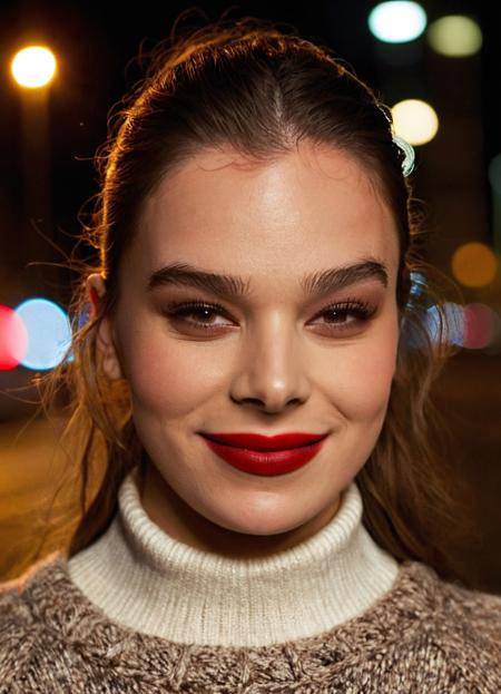 high resolution photo of hail33 woman,long brown hair pulled back,lipstick,smiling,eyeshadow,close-up,volumetric lighting,wearing sweater,night,highly detailed skin,pores,skin imperfection,city street background,dramatic tone