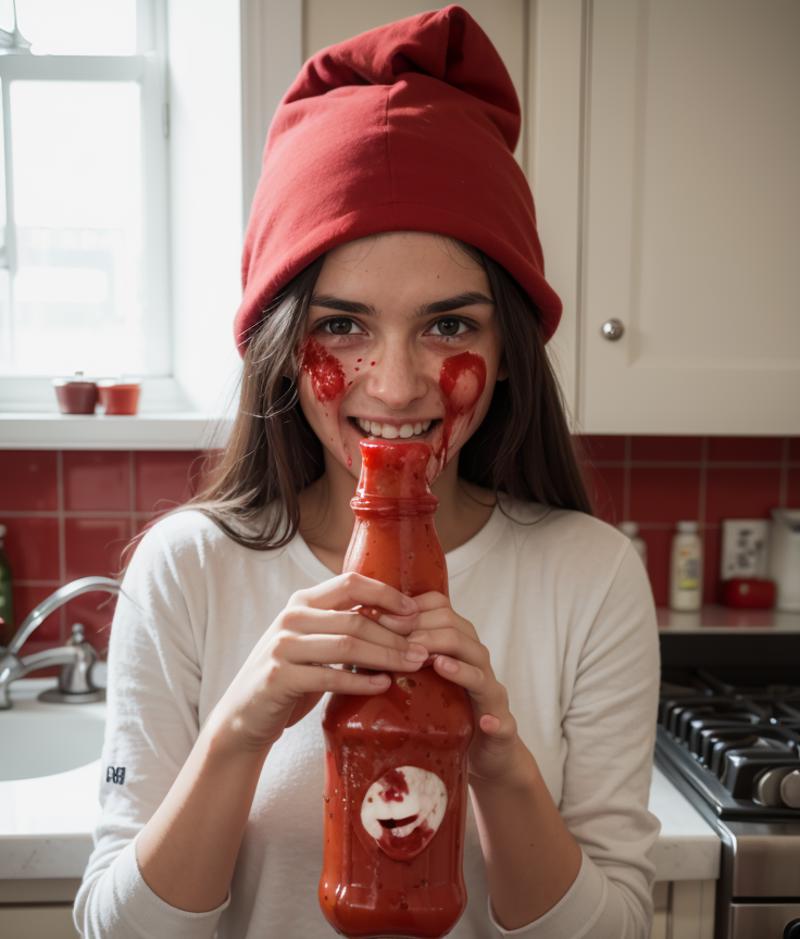 A young woman holding a bottle of ketchup with red stains on her face, wearing a red hat and a white shirt.