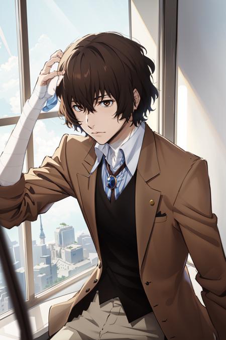 dazai, male focus, 1boy, brown hair, brown eyes, bandages, hair between eyes, shirt, pants, coat, short hair, vest, bandaged arm