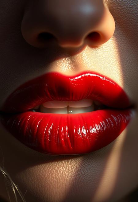 ultra-detailed close-up of a woman's lips, deep red lipstick, slightly parted lips showing subtle tension, natural skin texture, hint of trembling or sadness in the expression, moist lips with realistic light reflections, soft natural lighting, cinematic mood, no smile, emotional expression, photorealistic, high detail, macro photography style, 8k resolution, hyperrealism