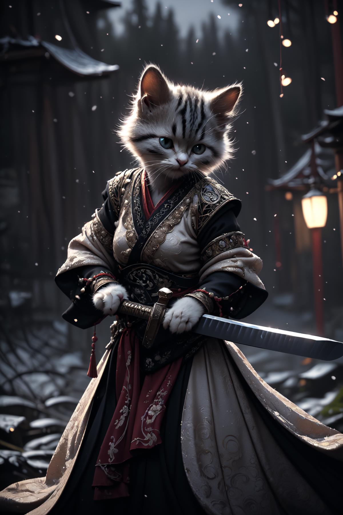 A Cat Dressed as a Samurai Warrior Holding a Sword.