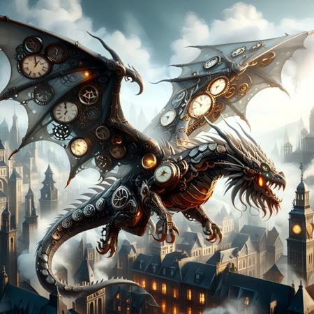 lazypos, DonMSt34mPXL
masterpiece, best quality, highly detailed, 4K, 8K, ultra-detailed, cinematic lighting, dramatic shadows,In a misty Victorian cityscape, a dragon shaped clock statue with clockwork implants adorns its metallic skin. Steel plating covers its body, transitioning from orange to white in an ombre effect. Glowing markings pulse across its skin, complemented by piercing eyes that radiate an otherworldly energy. Sharp mechanical claws grasp the air as it assumes a feral stance, its horns and steampunk wings attuned to the surrounding atmosphere of gas lights, smoke, and fog. The dynamic composition features a detailed background, with the dragon's imposing figure dominating the frame amidst the steam-powered cityscape.