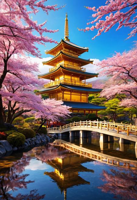 (masterpiece:1.5), unreal 8k wallpaper, unity 8k wallpaper, score 9, score 8 up, score 7 up, masterpiece_portrait, extreme quality, reflection, surface reflection, dynamic lighting, Cinematic style, cinematic quality, ((no humans, no people)), photorealistic, realistic, a spectrum of iridescent colors, precise, fractal design, flowing curves, precision, colorful, fractal geometry, harmonic interference, digital illustration, photo manipulation, altered realities, fantastical scenes, digital artistry, striking visuals, sharp focus, detailed background, light reflection, Japanese architecture of boundless opportunities, (a huge gilded Japanese pagoda), On one side of the gilded Japanese pagoda is a beautiful luminescent stream that whines around the property, you can find enormous cherry blossom trees all over the property with luminescent flowers, a Blue sky Cascades amazing spectrum light across the property, the gilded Japanese pagoda itself is made of such fascinating materials an exotic woods that are highly polished with tinted glass windows, on a beautiful landscape this place is so beautiful, photorealistic, realistic, flowing and bubbling stream, luminescent stream, a light fog over the water, tranquil, day sky, large multicolored glowing stones around the property, clouds, mist, (fairy tale landscape), Godrays,