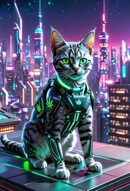 a futuristic kitten with cybernetic features, glowing neon eyes, sleek metallic fur, small hover boosters on its back, posing on a high-tech city rooftop at night, holographic skyline in the background, vibrant neon lights, ultra-detailed, cinematic lighting, 420 Futurism style, concept art, high definition, 420futurism
