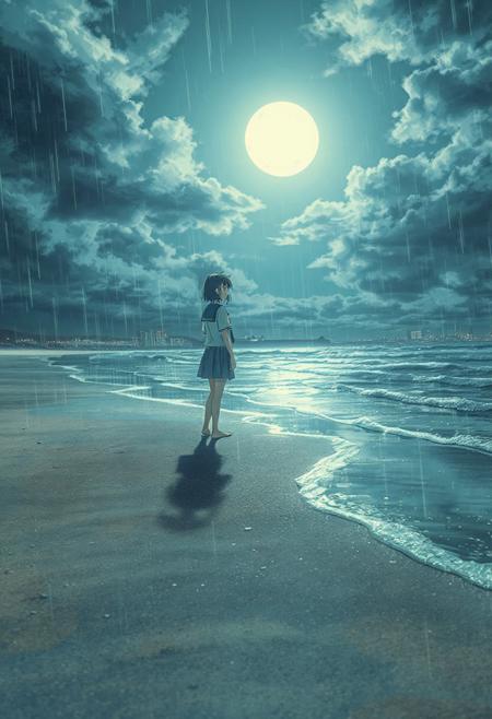 Vertical 9:16 cinematic anime scene, ultra-detailed 4K, in the style of “Weathering with You” key art: a lone girl in a rain-soaked school uniform standing barefoot on a deserted sandy beach; gentle surf laps at her feet under silvery moonlight; distant lights of a harbour city glimmer on the horizon; soft cloud layers receding into depth; drifting feenstaub particles catching every moonbeam; volumetric light shafts through breaks in moving clouds; parallax-ready composition with wet sand patterns in crisp foreground, girl in sharp midground, distant skyline softly blurred; hyper-detailed watercolor cel shading, raindrop gloss, subtle bloom and film grain; dreamy, enchanted atmosphere