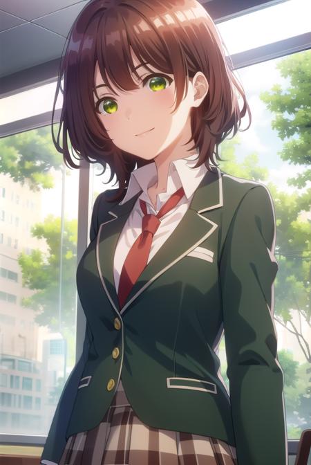 aoihinami, <lora:aoi hinami s1-lora-nochekaiser:1>,
aoi hinami, short hair, bangs, brown hair, (green eyes:1.5), smile,
BREAK skirt, shirt, long sleeves, school uniform, jacket, white shirt, pleated skirt, necktie, collared shirt, plaid, plaid skirt, blazer, red necktie,
BREAK indoors, classroom,
BREAK looking at viewer,
BREAK <lyco:GoodHands-beta2:1>, (masterpiece:1.2), best quality, high resolution, unity 8k wallpaper, (illustration:0.8), (beautiful detailed eyes:1.6), extremely detailed face, perfect lighting, extremely detailed CG, (perfect hands, perfect anatomy),