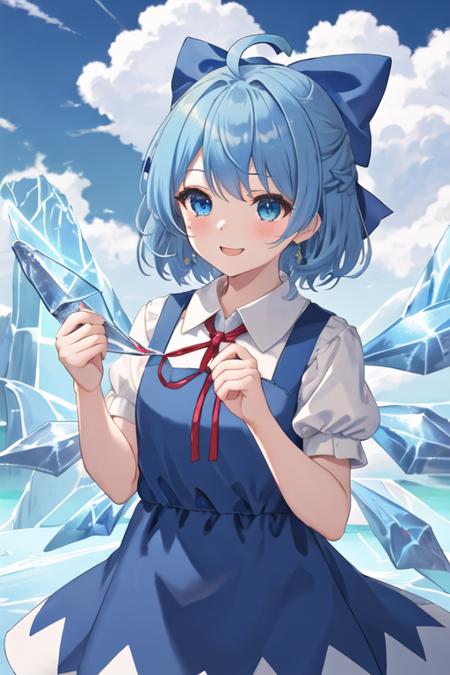 best quality, masterpiece, highres, solo, {cirno_touhou:1.15}, blue_hair, bow, hair_bow, short_hair, wings, ice, blue_bow, ice_wings, blue_eyes, bangs, blush, smile, upper_body, open_mouth, hair_between_eyes, ribbon, neck_ribbon, 1girl, blue_dress, collared_shirt, dress, red_ribbon, shirt, short_sleeves, white_shirt, closed_mouth, cloud, sky, pinafore_dress, ahoge, detached_wings, hands_up, looking_to_the_side