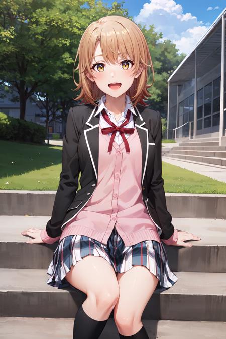 masterpiece, best quality, cowboy shot, looking at viewer, :d, iroha isshiki, short hair, school uniform, cardigan, black jacket, open jacket, ribbon, plaid skirt, kneehighs, sitting on stairs, outdoors, school, <lora:iroha_isshiki_v2:0.9>