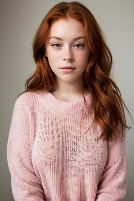 portrait photo of (m1nasundwall:.99), in a (oversized light pink sweater:1.2), (long auburn hair), posing for a picture, (serious look:0.5), epicRealism, for cosmopolitan,  realistic skin texture, softcore, warm lighting, simple background, magazine cover style
