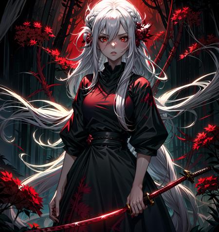 <lora:redpunk:0.5>, (redpunk artstyle), 1girl standing looking at viewer, (holding katana), wearing black dress, (in jungle), (blood trees around:1.3), at, (long white hair:1.5), red roses around, (attractive girl : 1.1), <lora:more_details:0.35>