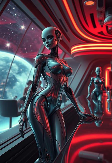 A futuristic strip club in outer space with the latest fembot stripper models. Large windows in the club reveals the surrounding cosmos. The robotic fembot strippers are obviously not human but are still elegant, beautiful and sexy. One particular fembot approaches the viewer at the bar strutting her stuff.