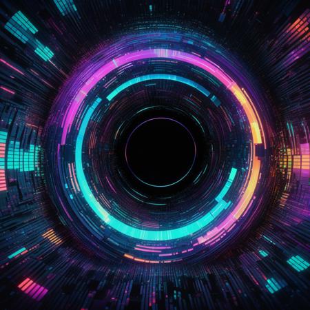 CGI Art, OOP, A futuristic, high-tech image of a glitched data wormhole surrounded by iridescent pixels and distorted code, with pulsing neon accents and a warped texture, reminiscent of the vivid aesthetics of cyberpunk art, highly detailed, sharp focus