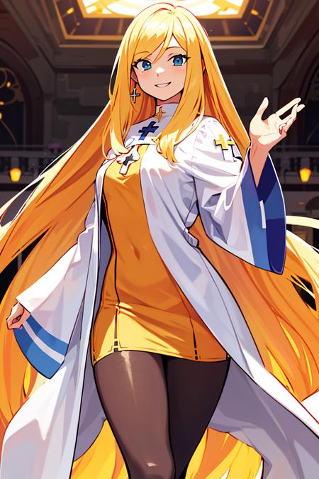 ((masterpiece,best quality)), absurdres,
<lora:Alouette_La_Pucelle:0.7>, Alouette_La_Pucelle, blonde, (white robe), very long hair, cross, pantyhose, yellow shirt,
solo, smiling, looking at viewer, cowboy shot,
cinematic composition, dynamic pose,