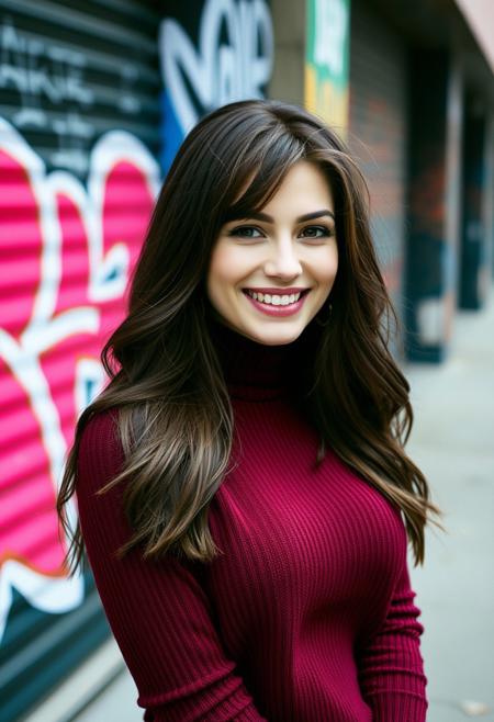 a brunette woman wearing a maroon sweater,she is beautiful,she is smiling in a sexy way, professional photo shoot, urban grunge setting, graffiti, DSLR, film