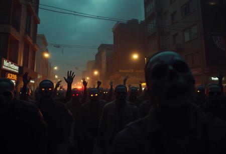 photo , Film Still, Cinematic ,Blanco Brown - 7 days to die, Zombies hoard attack suriviors, urban decay, glowing eyes, in every shadow death does embark