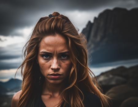 kkw-el-rock photo of a woman with long tied ginger hair, (kkw-hdr:0.69) (kkw-ph-2)