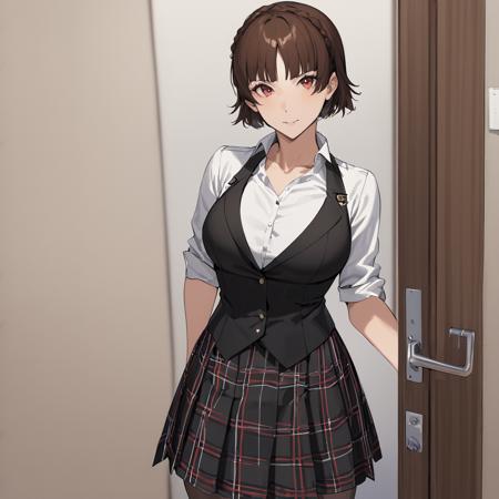 1girl, Niijima Makoto, wearing white shirt and black vest and plaid skirt, standing by a door, masterpiece, latest <lora:makoto_xl_a3-000015:1>