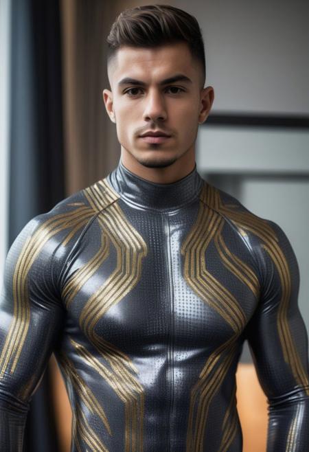 a strong 24-year-old spanish bodybuilder male, with a side fringe curtains hairstyle, detailed face, mindless expression, wearing a skin tight dark-gray latex bodysuit with silver and gold electronics circuits patterns, standing at attention posture, on a modern living room, looking to the camera,  detailed face, professional photography, shot on sony a 7RIII , looking to the camera,  detailed skin face and eyes, natural lighting ,  film grain, low contrast, natural face,  dark circles under eyes