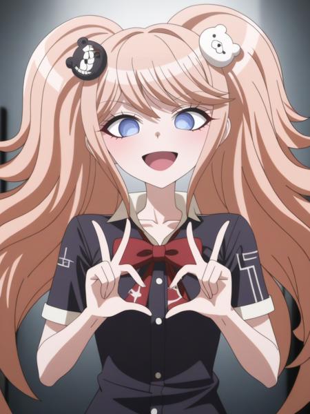 (junko, long hair, blue eyes, twintails, enoshima junko, bangs, shirt, hair ornament, bear hair ornament, bow)