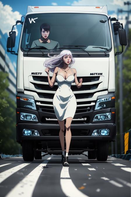 Highly detailed, High Quality, Masterpiece, beautiful, Truck-kun, <lora:Truckkun:0.8>, 1girl, ground vehicle, crash, getting hit by Truck-kun, fleeing, motion lines, (detailed face and eyes, shocked:1.3)