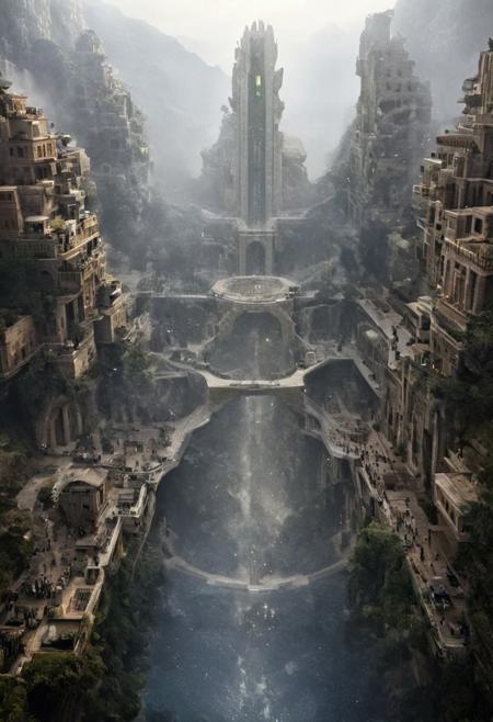 POV view , DOF,
(Ancient civilization, Alien Prometheus movie scene, dune movie scene:1.5), (The colonial city of the future, in the mist-filled Grand Canyon, on an unknown Earth-like planet, 2 moon on sky, Spaceship flight connects colonies, waterfulls:1.3), (Machu Picchu, a mountain settlement, incredibly spectacular:1.2), (Mario Botta:1.3), (avant-garde, future, reality, science fiction, photorealistic), (modern architecture:1.2), White limestone with black granite, fountain, waterfall, landmark, square, path, narrow street,
(Large Files, Ultra Realistic, 8K, 16k, FHD, HD, VFX, Perfect, Photography, composition, Architecture Sales Photography, Architecture Competition, Ultra High Resolution, Cinematography, High Resolution Image:1.1), (dramatic lighting, direct sunlight, ray tracing, clear shadow:1.2),  (real landscape:1.1), (blurred background:1.0), (urban background, more_details) ,
great lighting, clear, hillscastel, <stardeaf-cold-arc>, xtower, industrialbuilding