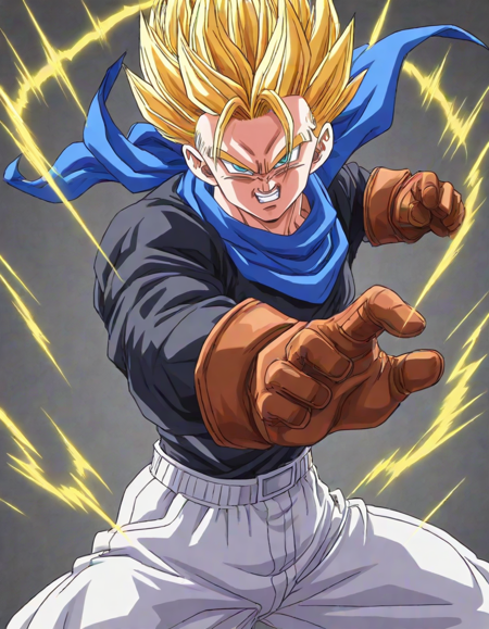 GT Trunks, spikey hair, yellow hair, super saiyan, blue eyes, black long sleeved shirt, blue bandana, brown leather gloves, white baggy short slacks, cutty sark socks, brown boots, solo