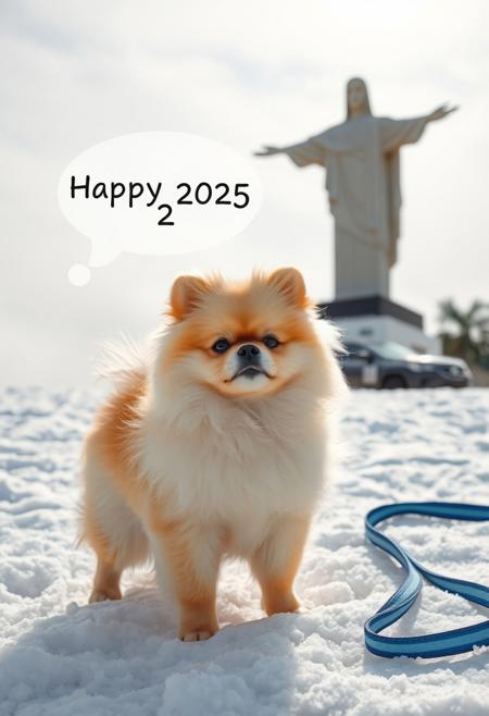 The image is a high-resolution photograph showing a small Pomeranian dog standing in the snow. The Pomeranian, with its fluffy, light tan coat, has a prominent white patch around its neck and chest, giving it a distinctive appearance. Bubble says "Happy 2025"
In the background, the snowy field... To the right of the dog, a blue and white leash lies on the ground, indicating that the Pomeranian might be outdoors with its owner. The overall atmosphere of the photograph is bright and lively, with Christ the Redeemer, an iconic image of Brazil, in the background.
