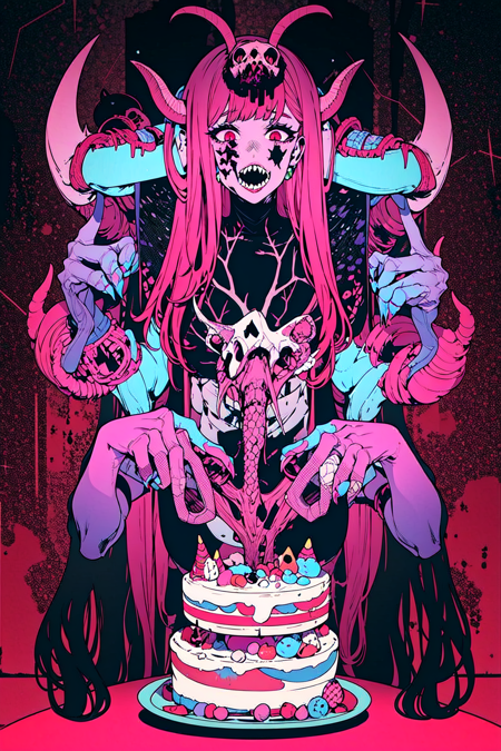 official art, unity 8k wallpaper, ultra detailed, beautiful and aesthetic, High quality, beautiful, masterpiece, best quality, (zentangle, mandala, tangle, entangle:0.6), flat color, limited palette, low contrast, a cute girl serving cake to demons, pink, bright pastel colors, kawaii, (horror), eerie, rabbit skull, goat skull, in hell, creepy, demons, claws, best lighting