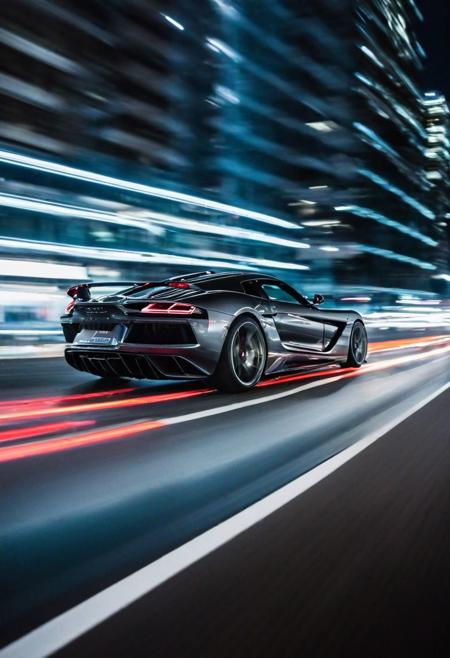 Capture the exhilarating speed of a high-performance car in motion. Emphasize the (dynamic:1.3) energy and (sleek:1.2) design as it zooms through the frame. Utilize a (long exposure:1.4) technique to create a stunning motion blur effect, highlighting the sense of speed and adrenaline. Inspired by the works of (Gustav Willeit:1.3) and (Larry Chen:1.2).