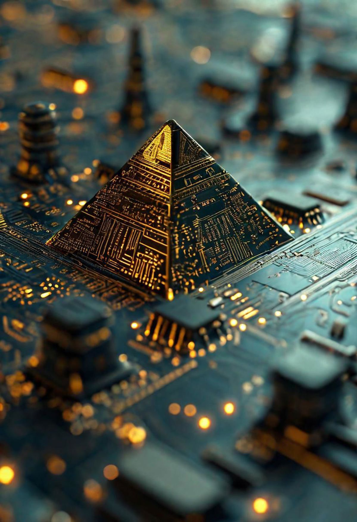 A golden pyramid on top of a circuit board.